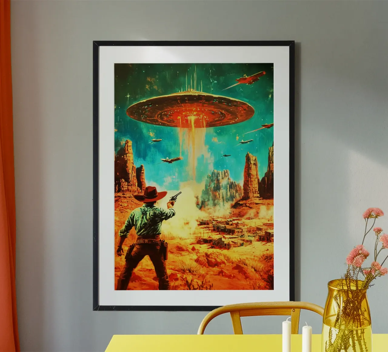 Un vaquero defiende un pueblo del desierto del ataque de un ovni poster con marco de aluminio de kembangross