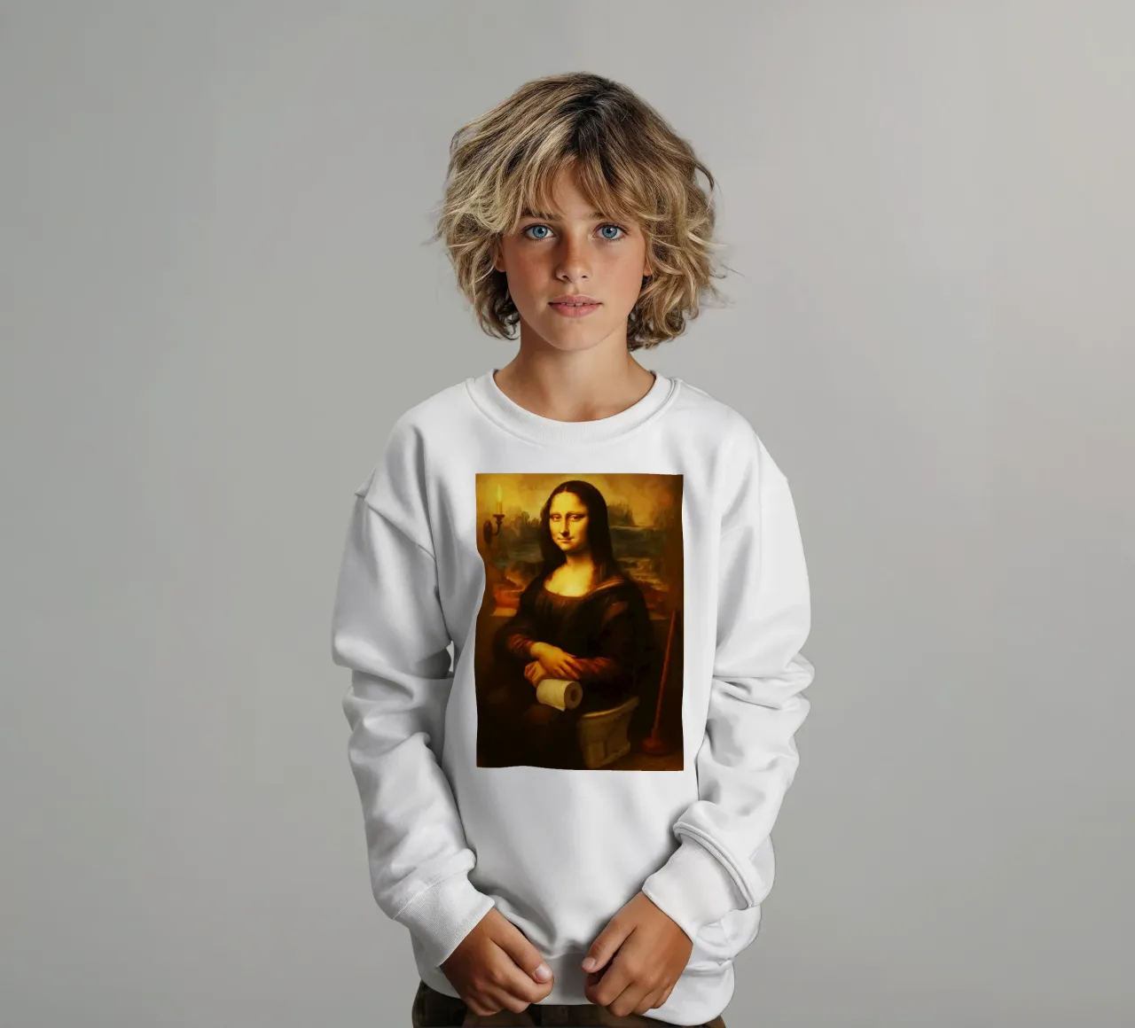 Mona Lisa Sitting On the Toilet Arts kids sweatshirt by kembangross