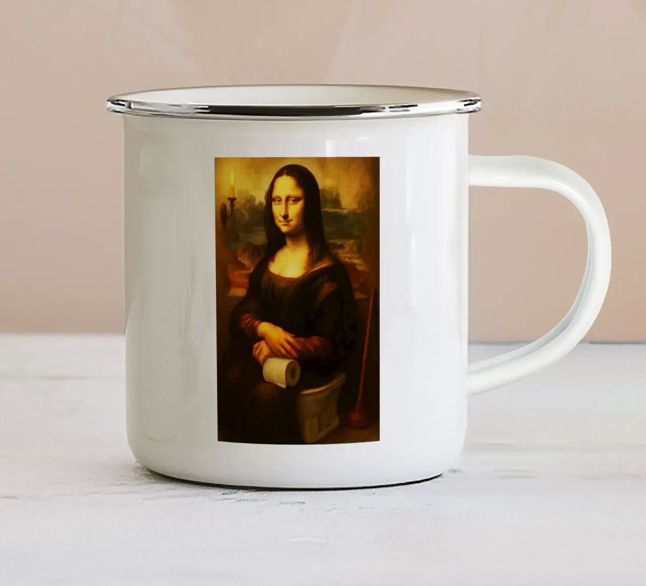 Mona Lisa zittend op het toilet Kunst emaille mok van kembangross