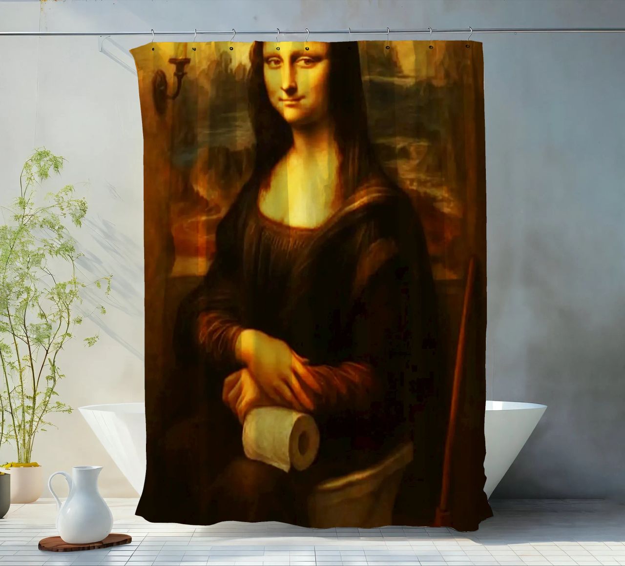 Mona Lisa auf der Toilette sitzend Kunst Duschvorhang von kembangross