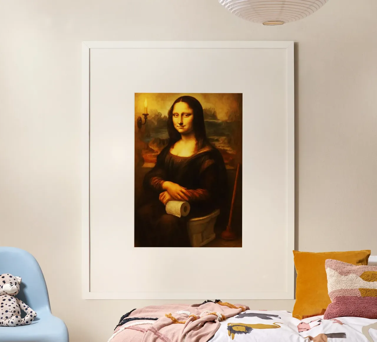 Monna Lisa seduta sulla toilette Arti poster con telaio in legno da kembangross