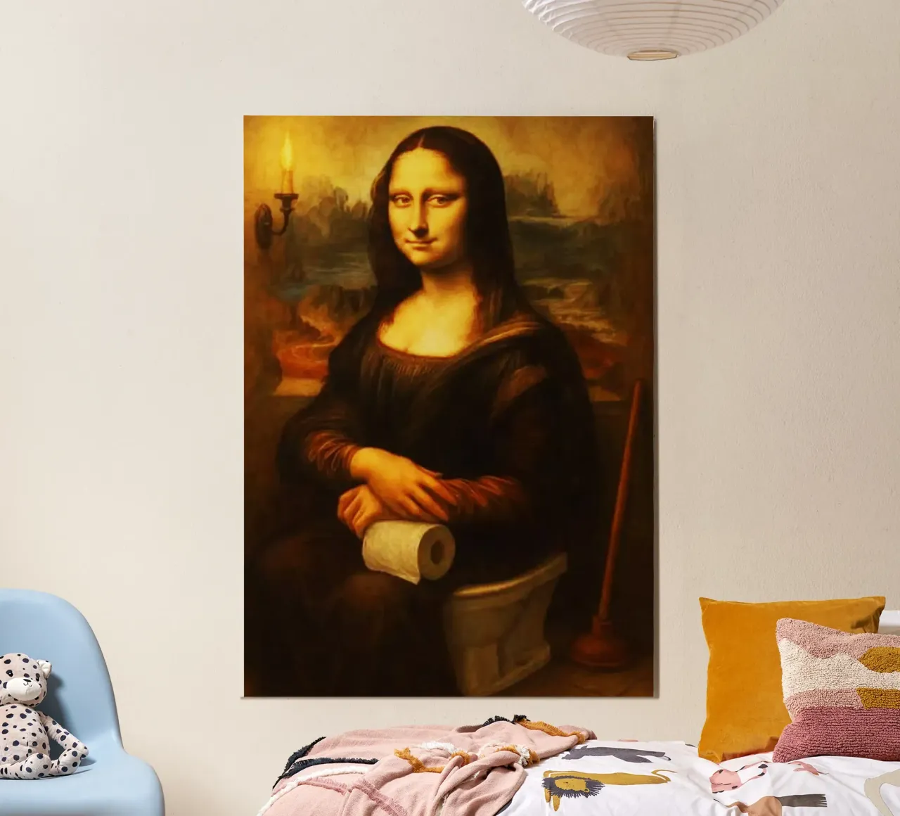 Monna Lisa seduta sulla toilette Arti poster con telaio in legno da kembangross