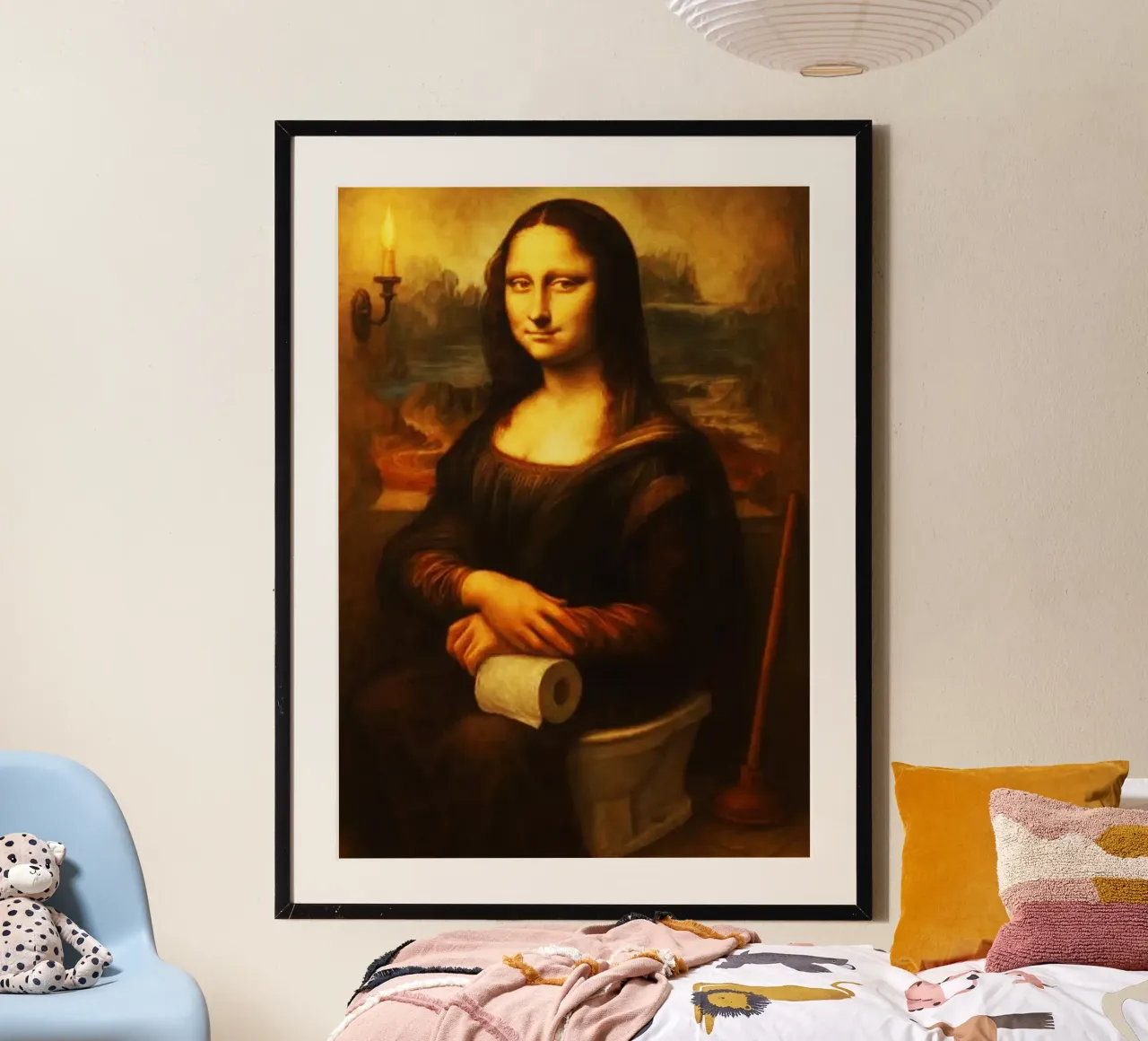 Monna Lisa seduta sulla toilette Arti poster con telaio in legno da kembangross