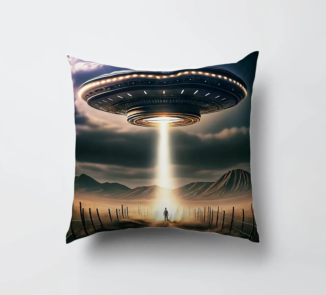 Mysterious UFO and Alien Art decorative cushion by kembangross