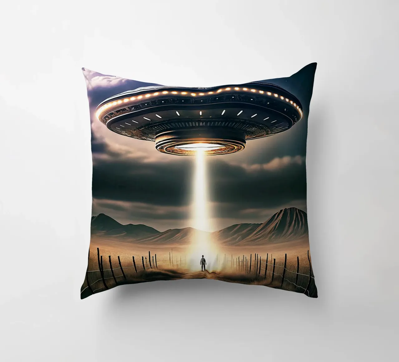 Mysterious UFO and Alien Art decorative cushion by kembangross