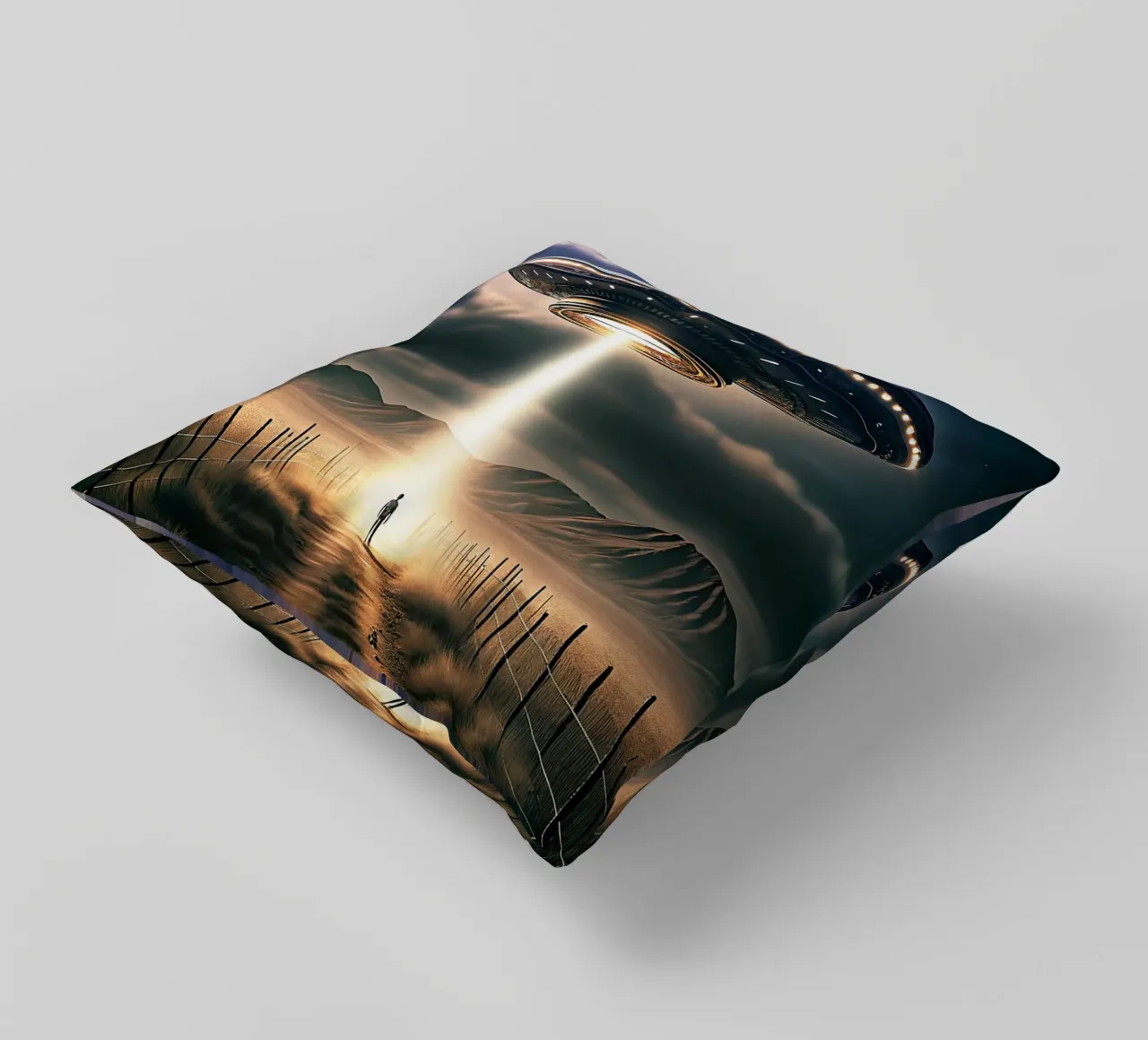 Mysterious UFO and Alien Art decorative cushion by kembangross
