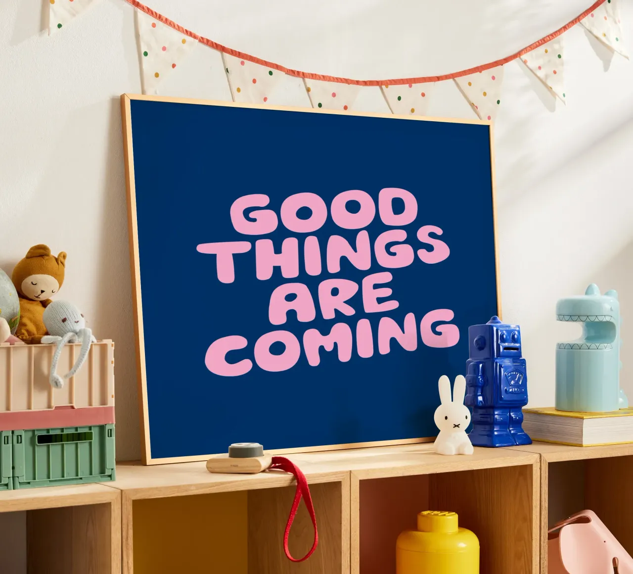 Good Things Are Coming Typography Print in Pink and Blue hahnemühle by THE MOTIVATED TYPE