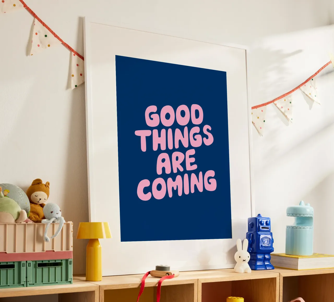 Good Things Are Coming Typography Print in Pink and Blue hahnemühle by THE MOTIVATED TYPE