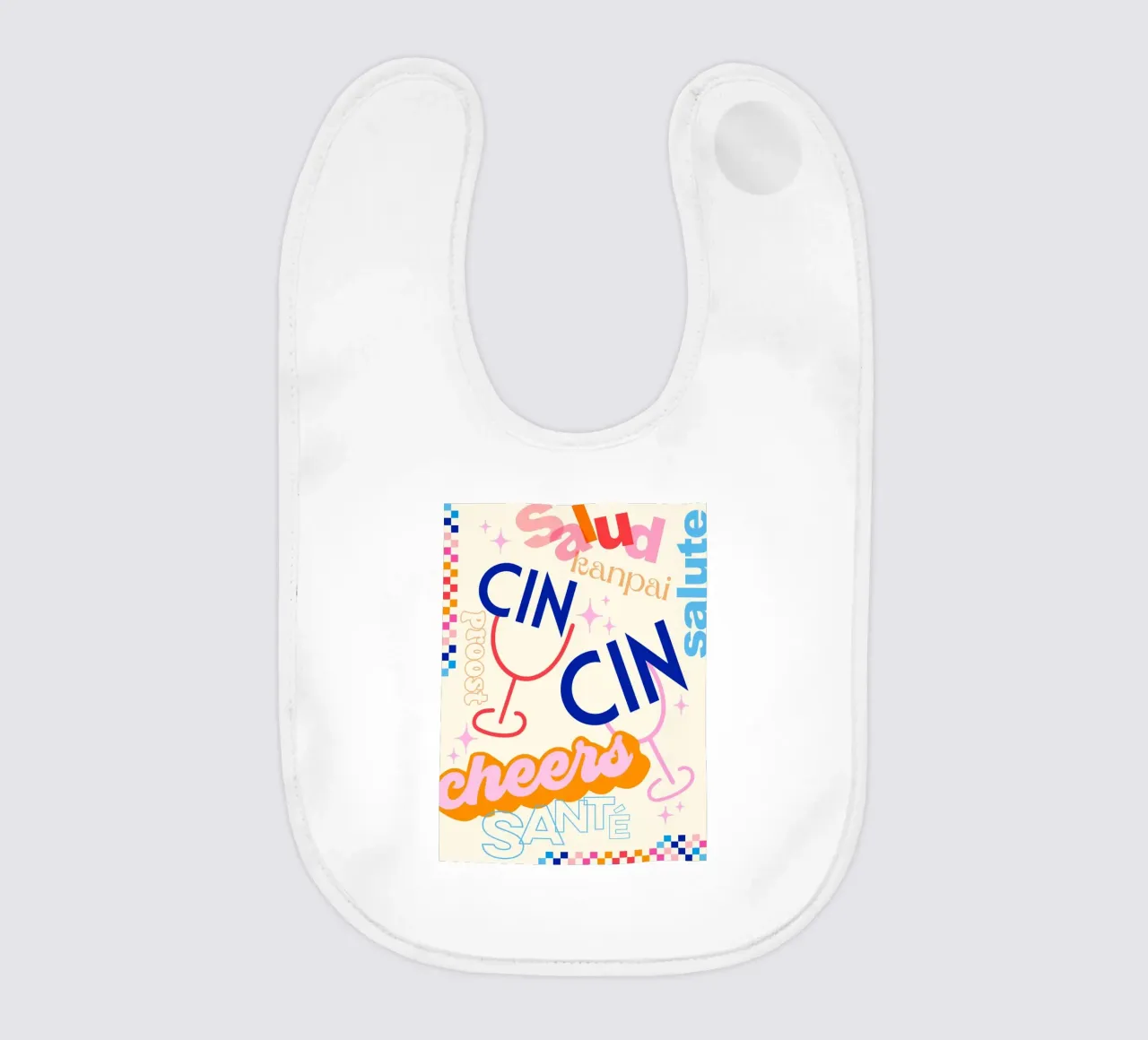 Cheers Around the World • Retro Typographic Art with Checks baby bib by Dominique Vari Words