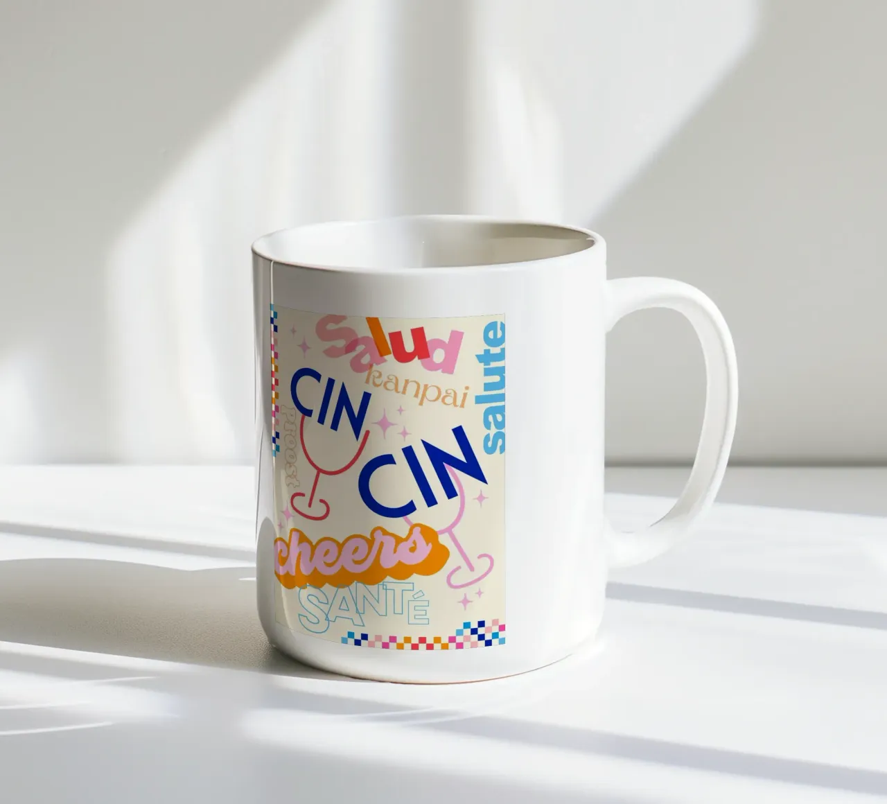 Cheers Around the World • Retro Typographic Art with Checks ceramic mug by Dominique Vari Words