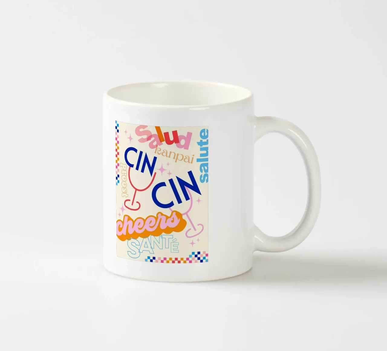 Cheers Around the World • Retro Typographic Art with Checks ceramic mug by Dominique Vari Words