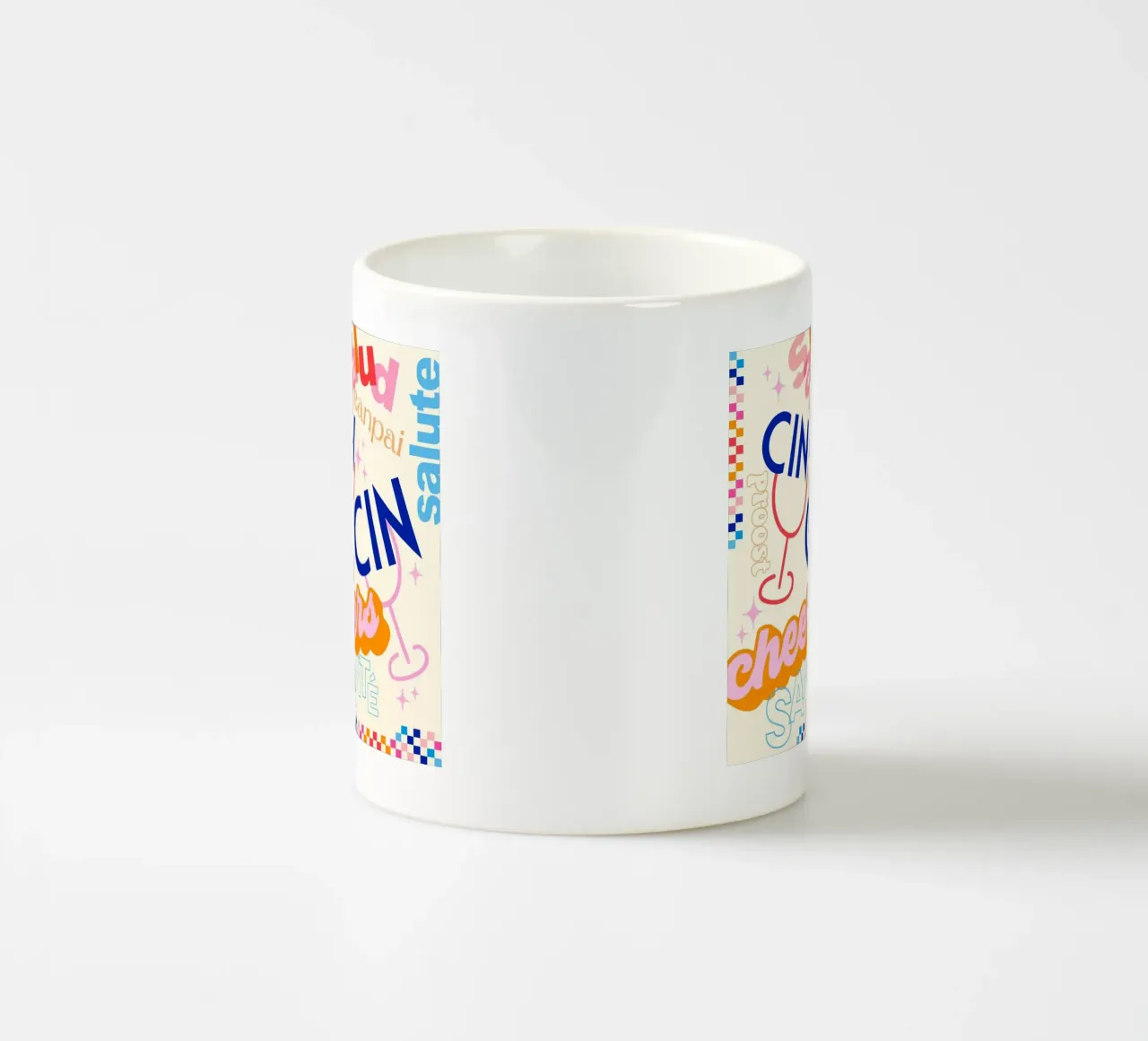 Cheers Around the World • Retro Typographic Art with Checks ceramic mug by Dominique Vari Words