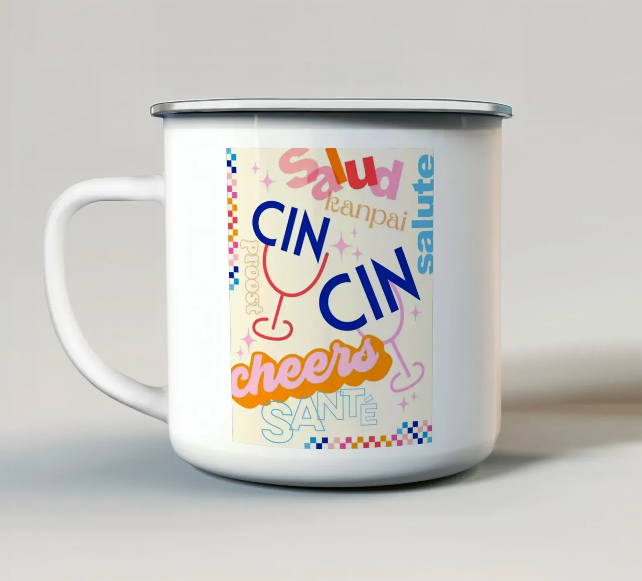 Cheers Around the World • Retro Typographic Art with Checks enamel mug by Dominique Vari Words
