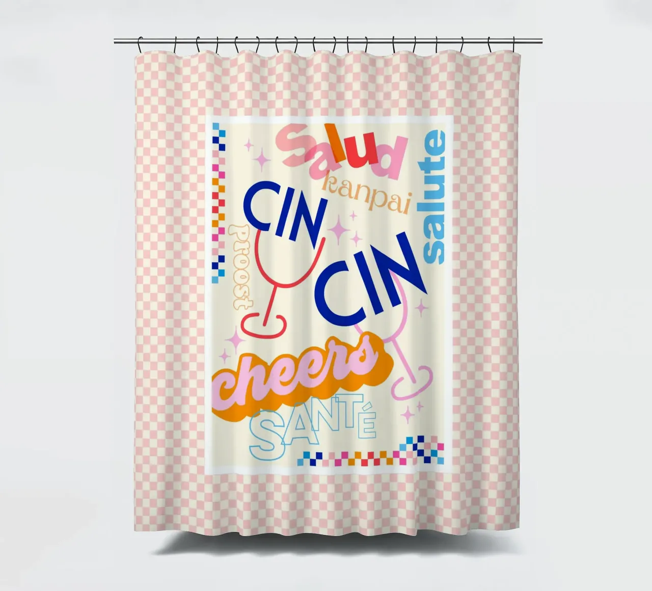 Cheers Around the World • Retro Typographic Art with Checks shower curtain by Dominique Vari Words