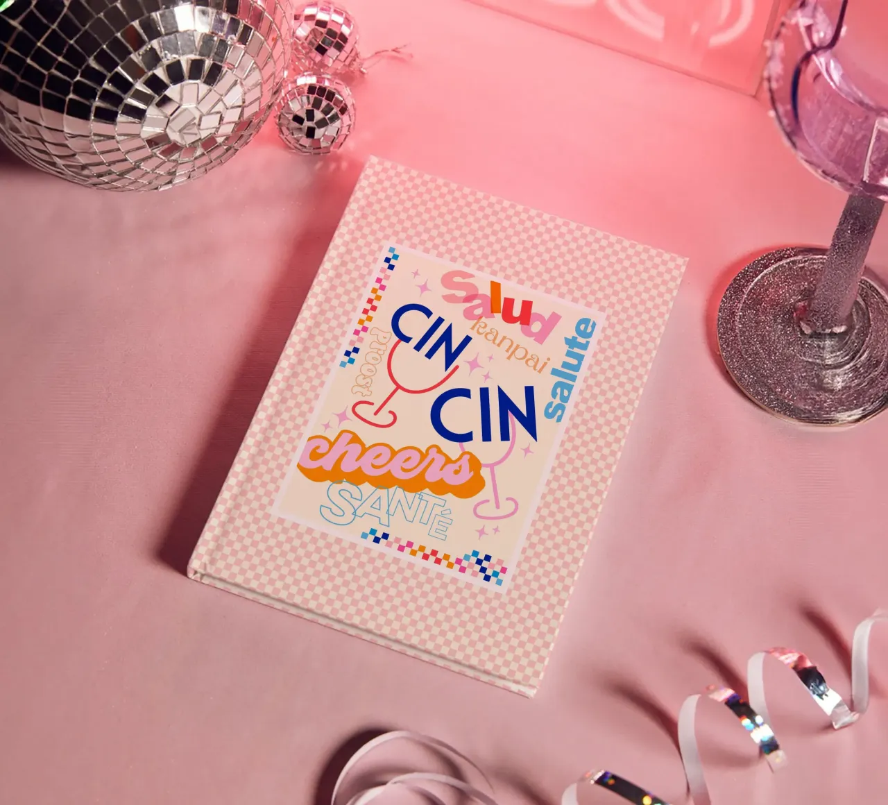 Cheers Around the World • Retro Typographic Art with Checks notebook by Dominique Vari Words