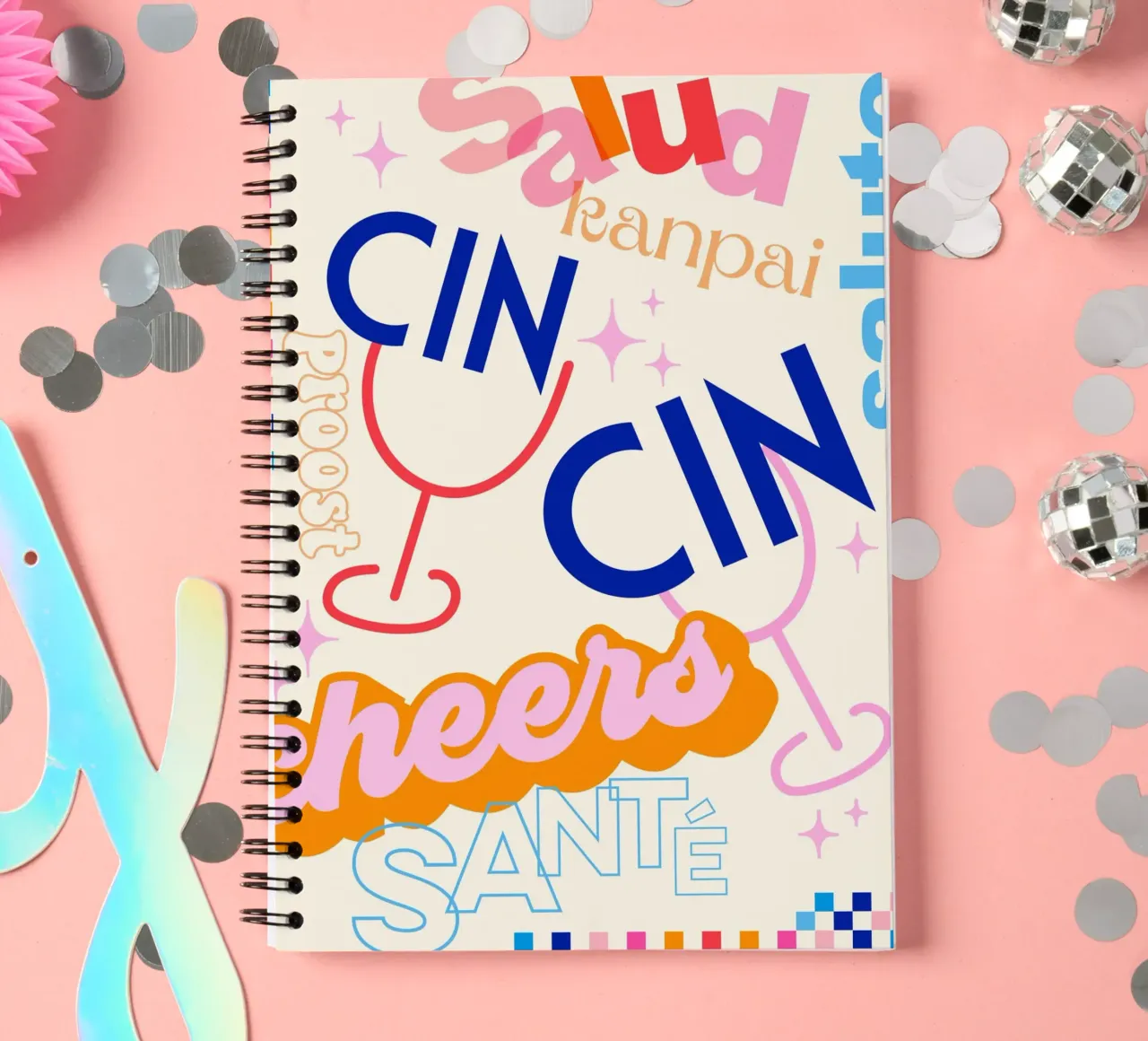 Cheers Around the World • Retro Typographic Art with Checks spiral notebook by Dominique Vari Words