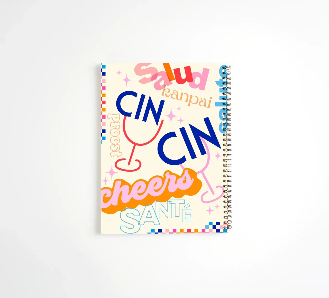 Cheers Around the World • Retro Typographic Art with Checks spiral notebook by Dominique Vari Words