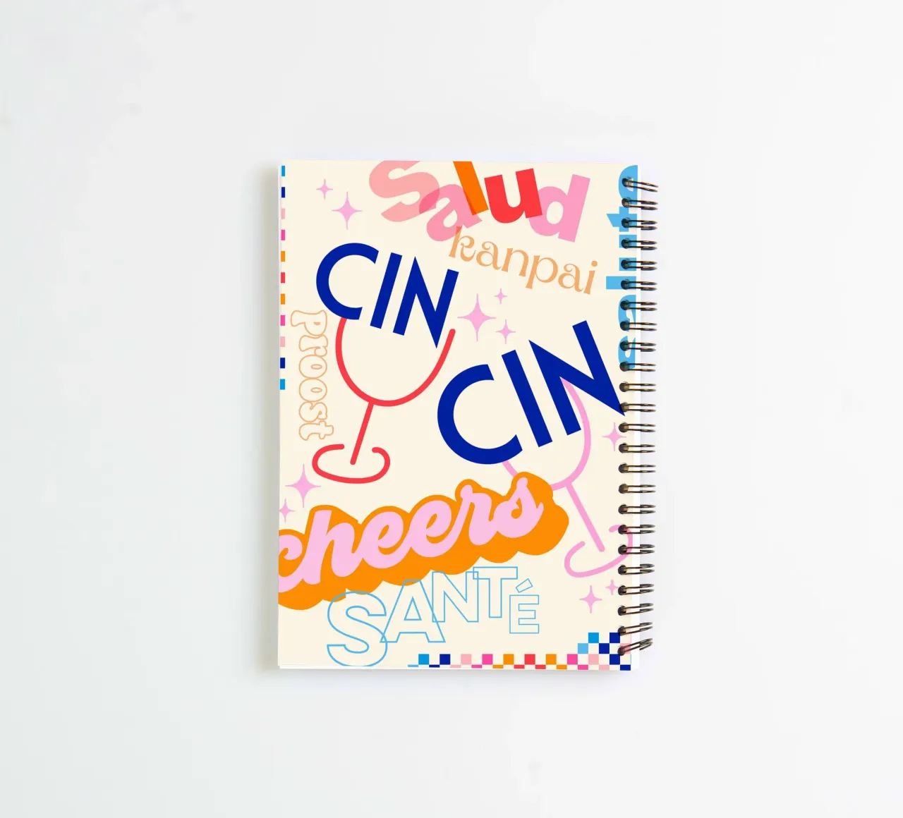 Cheers Around the World • Retro Typographic Art with Checks spiral notebook by Dominique Vari Words