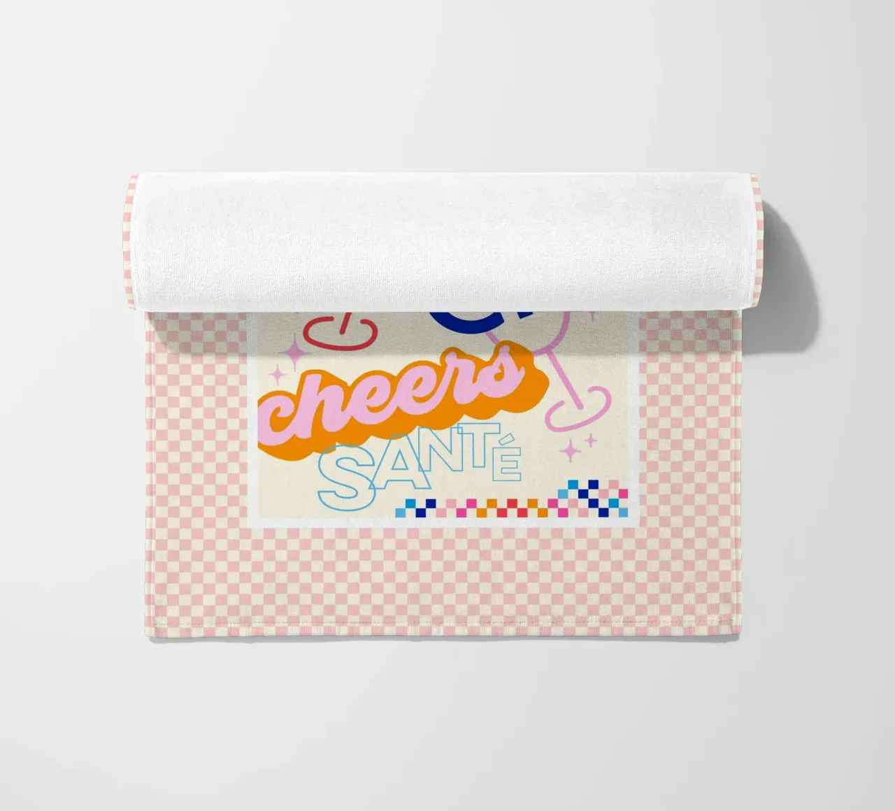 Cheers Around the World • Retro Typographic Art with Checks beach towel by Dominique Vari Words