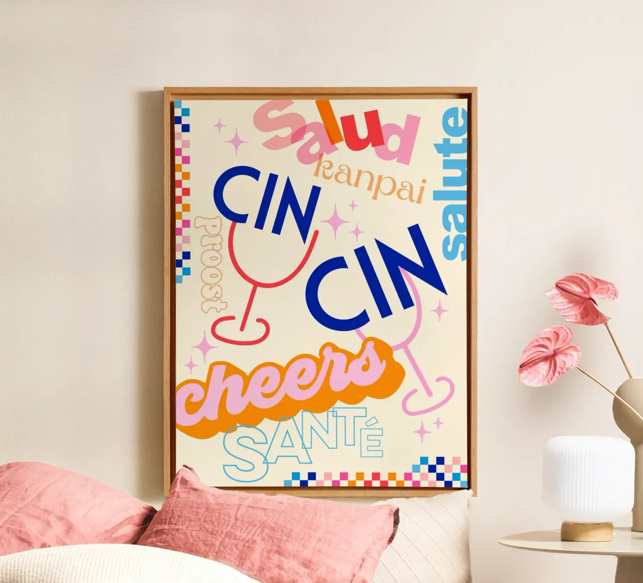 Cheers Around the World • Retro Typographic Art with Checks canvas by Dominique Vari Words