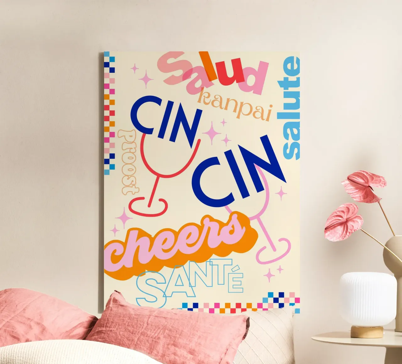 Cheers Around the World • Retro Typographic Art with Checks canvas by Dominique Vari Words