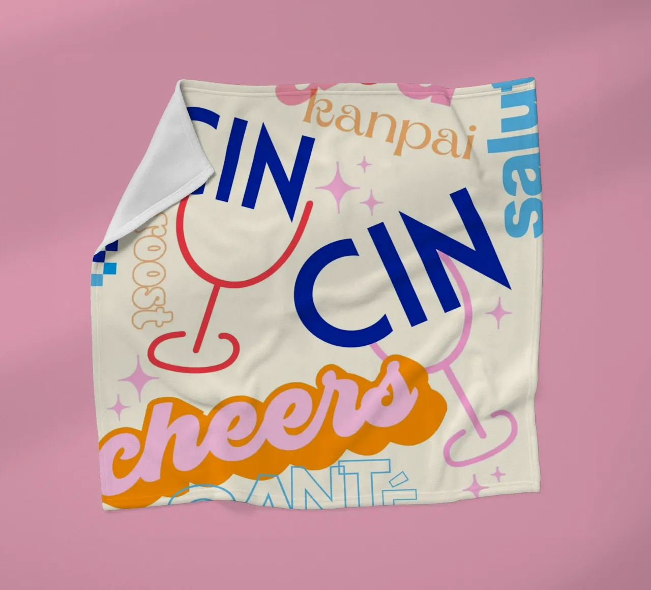 Cheers Around the World • Retro Typographic Art with Checks fleece blanket by Dominique Vari Words