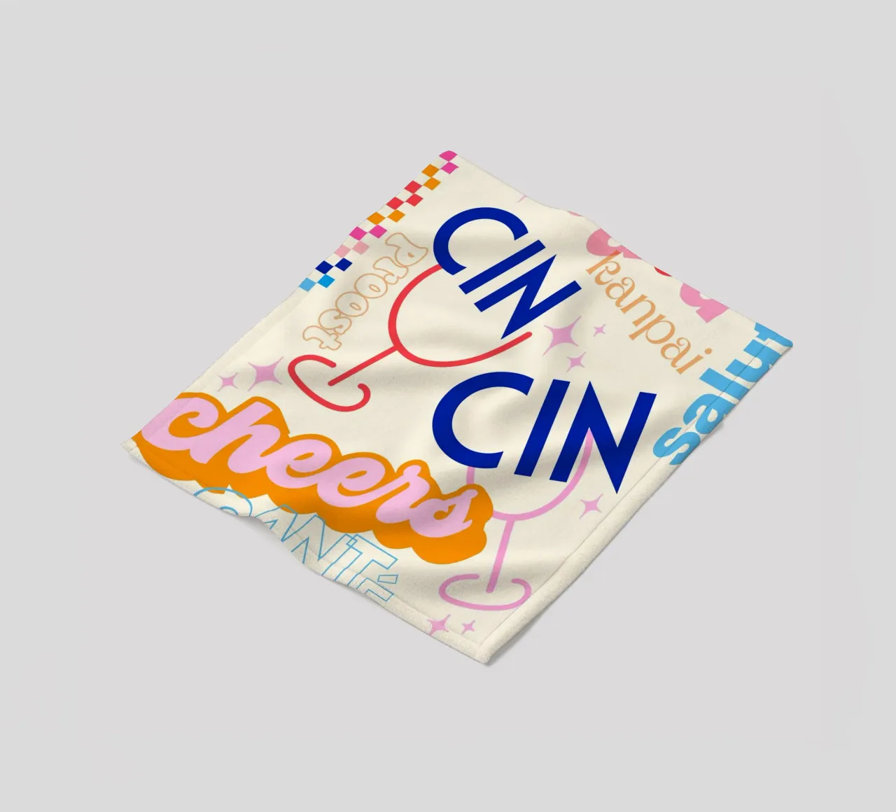 Cheers Around the World • Retro Typographic Art with Checks fleece blanket by Dominique Vari Words