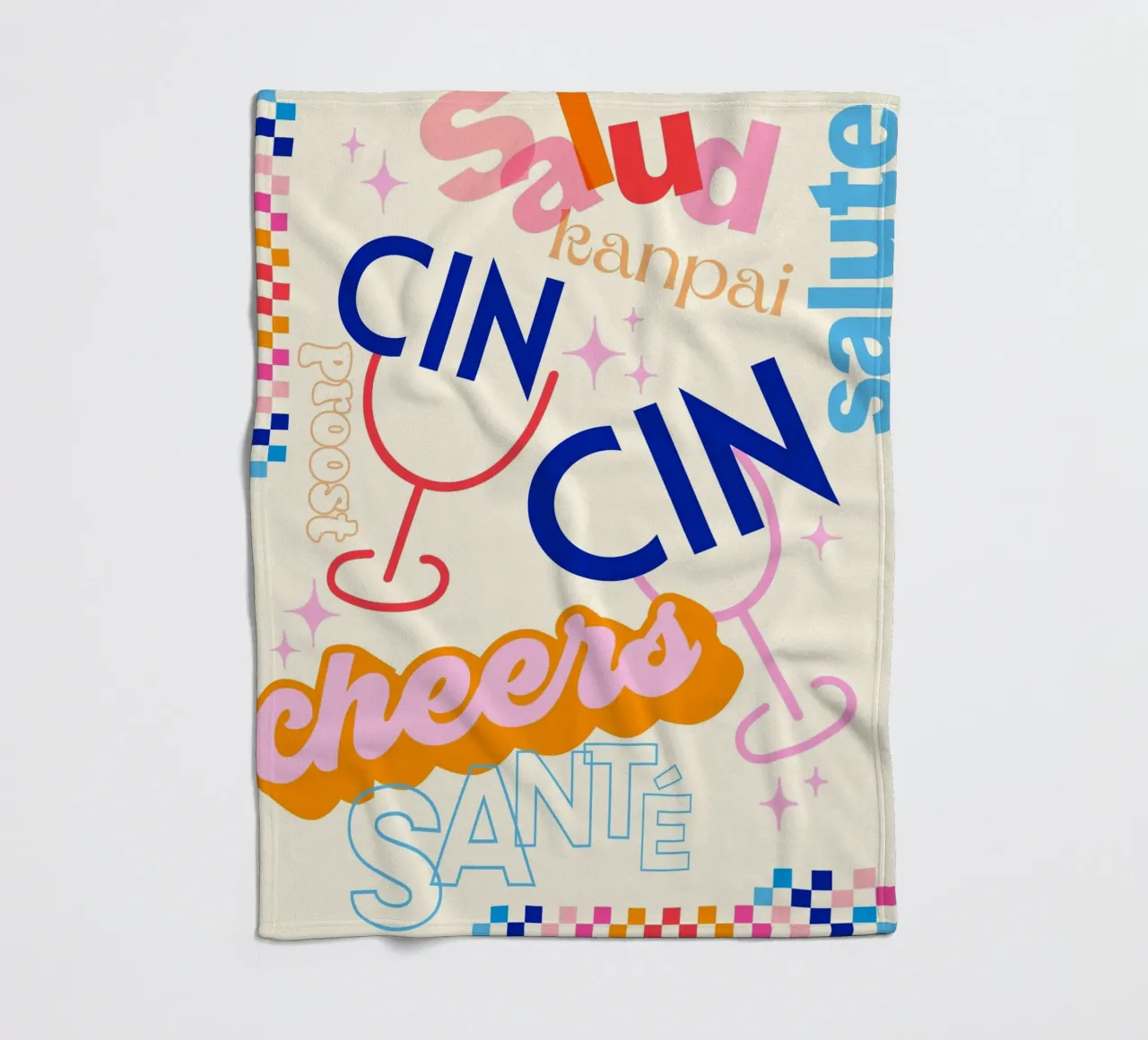 Cheers Around the World • Retro Typographic Art with Checks fleece blanket by Dominique Vari Words