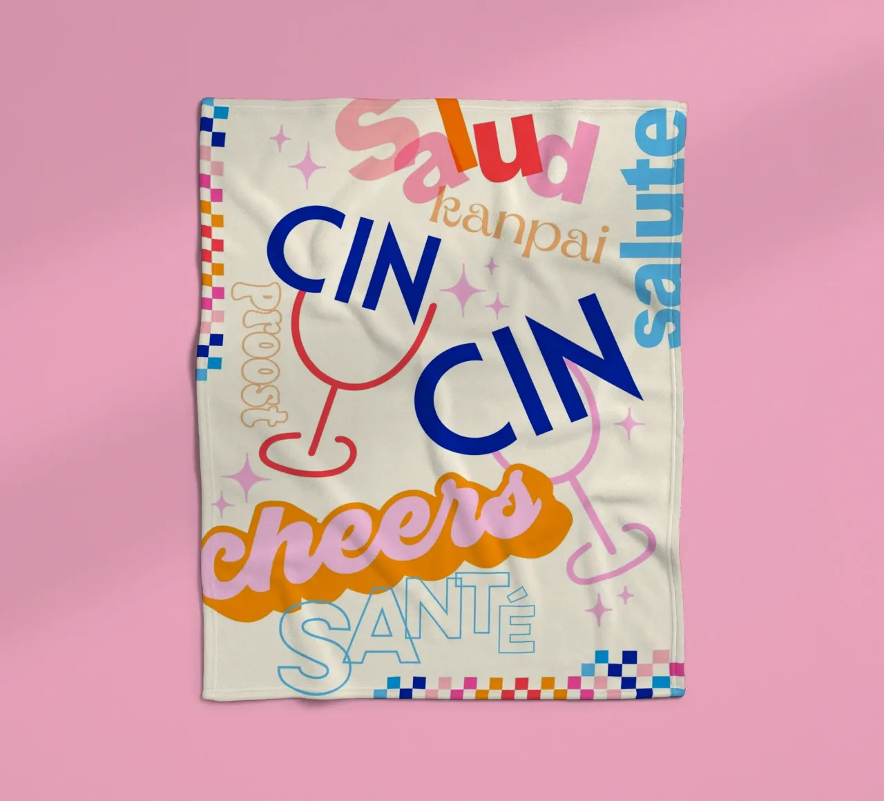 Cheers Around the World • Retro Typographic Art with Checks fleece blanket by Dominique Vari Words