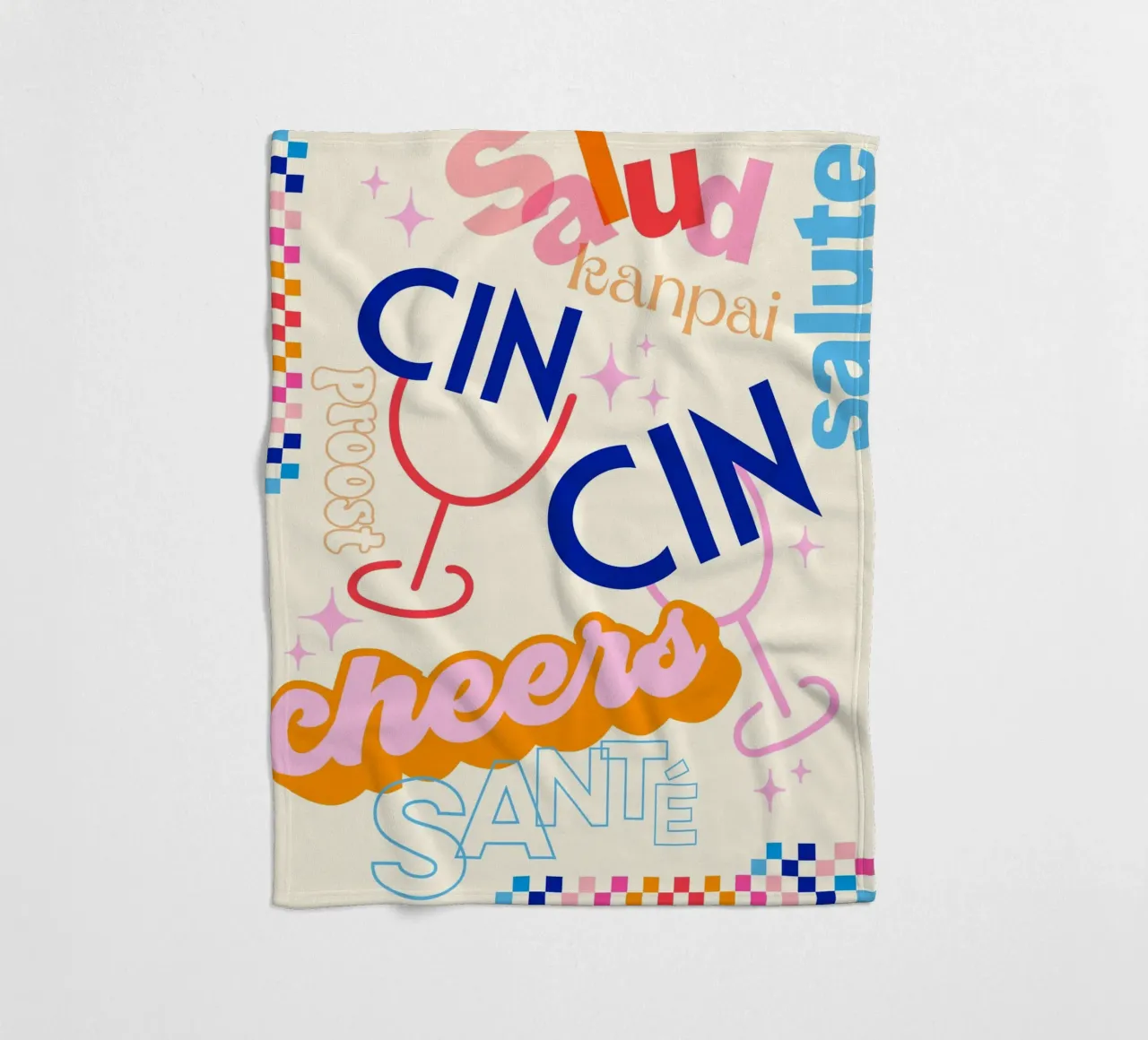 Cheers Around the World • Retro Typographic Art with Checks fleece blanket by Dominique Vari Words