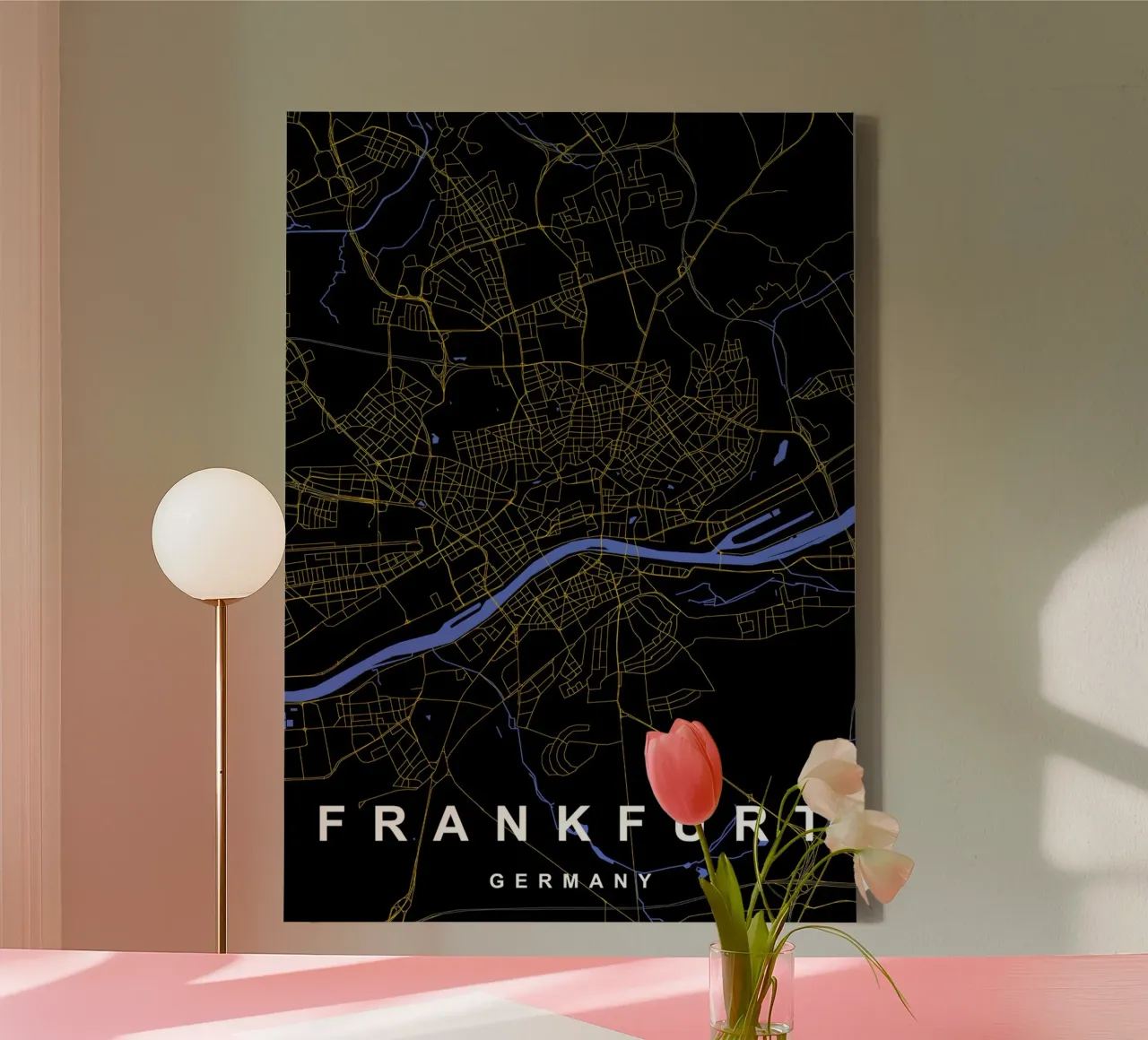 Francoforte Germania - Mappa della città in nero e oro tela con Cornice a cassetta da Cartographers Library