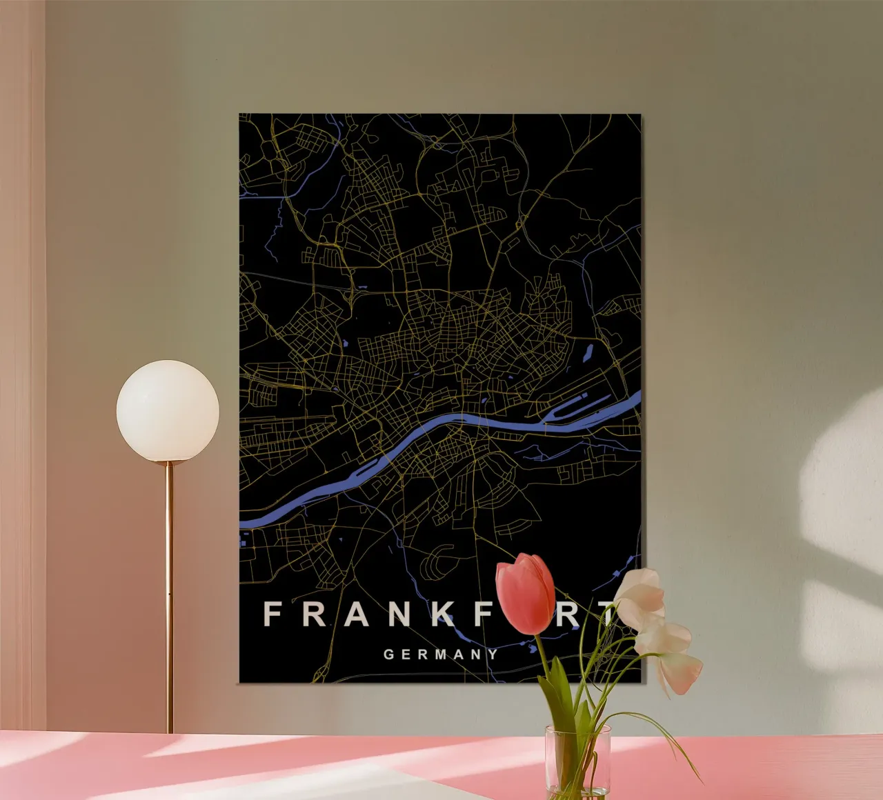 Francoforte Germania - Mappa della città in nero e oro poster con telaio in legno da Cartographers Library