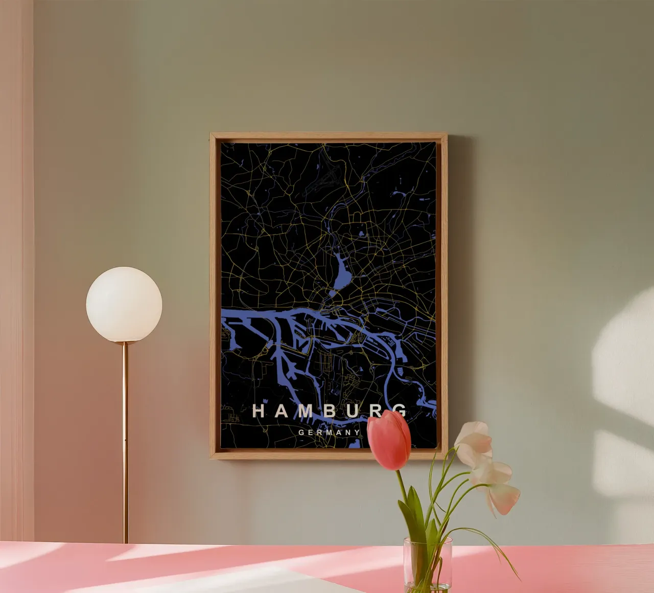Amburgo Germania - Mappa della città in nero e oro tela con Cornice a cassetta da Cartographers Library