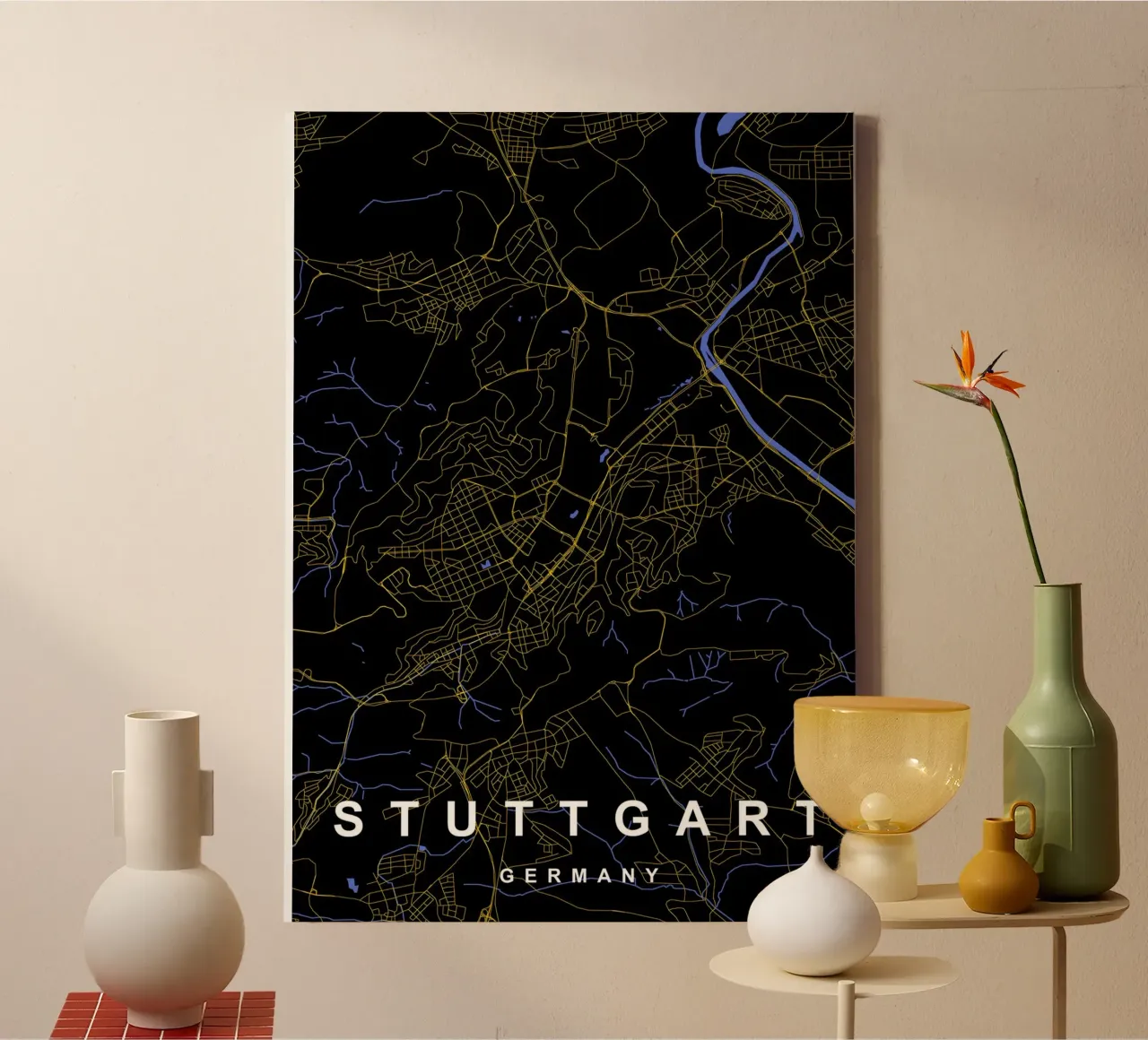 Stuttgart Duitsland Kaart Zwart-Goud canvas met Baklijst van Cartographers Library