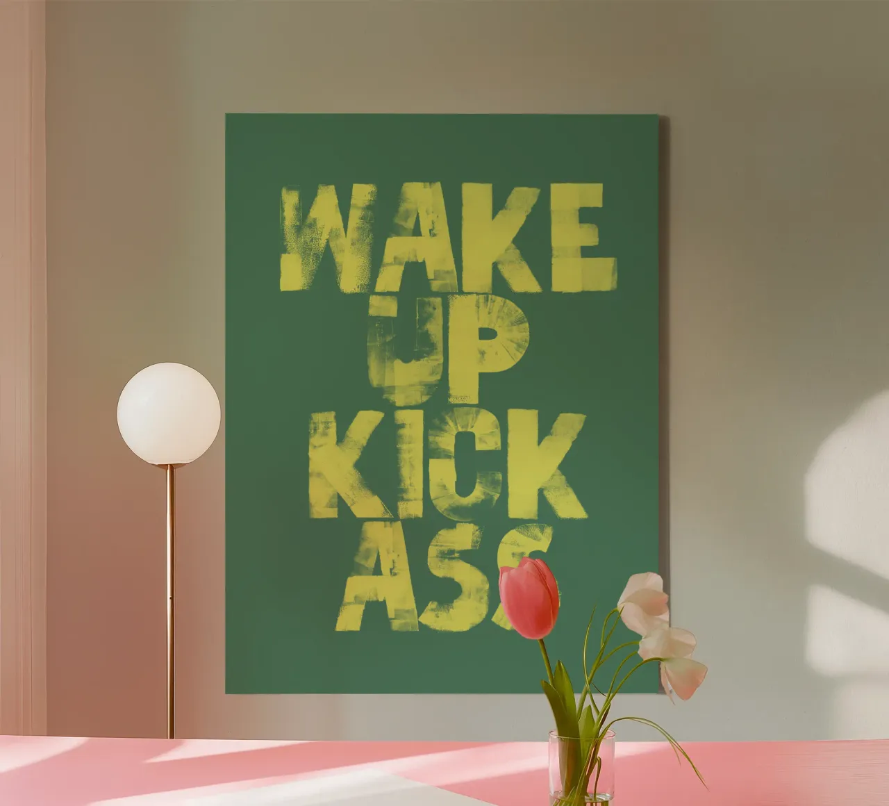 Imprimé typographique Wake Up Kick Ass en jaune et vert toile de THE MOTIVATED TYPE