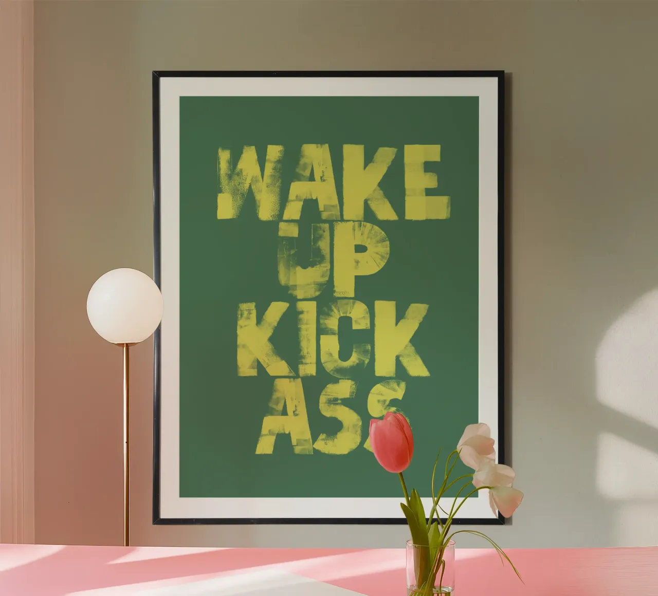 Imprimé typographique Wake Up Kick Ass en jaune et vert hahnemühle de THE MOTIVATED TYPE