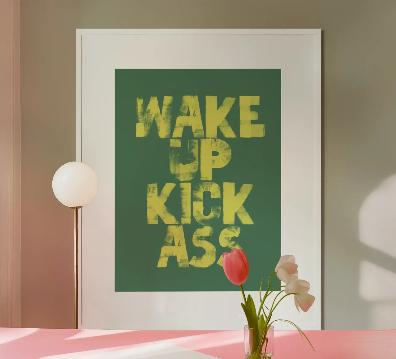 Imprimé typographique Wake Up Kick Ass en jaune et vert hahnemühle de THE MOTIVATED TYPE