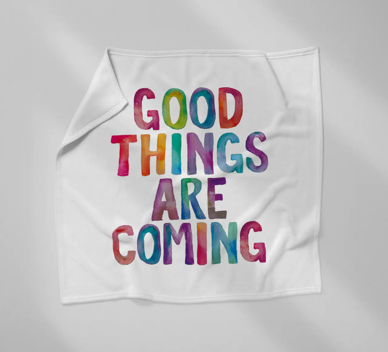 Good Things Are Coming Colourful Rainbow Typography Print fleece blanket by THE MOTIVATED TYPE