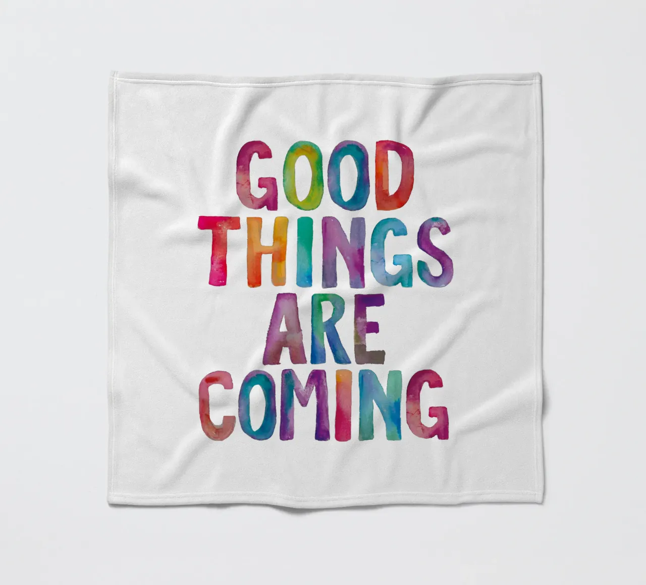 Good Things Are Coming Colourful Rainbow Typography Print fleece blanket by THE MOTIVATED TYPE