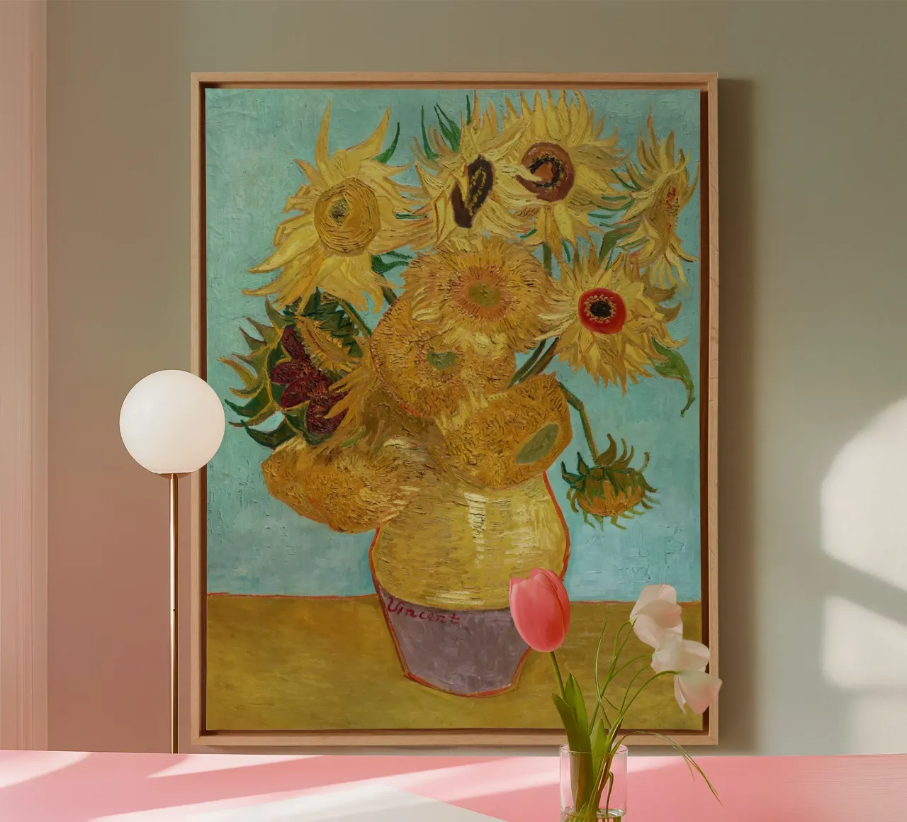 Vaas met twaalf zonnebloemen van Van Gogh canvas met Baklijst van Van Gogh Prints