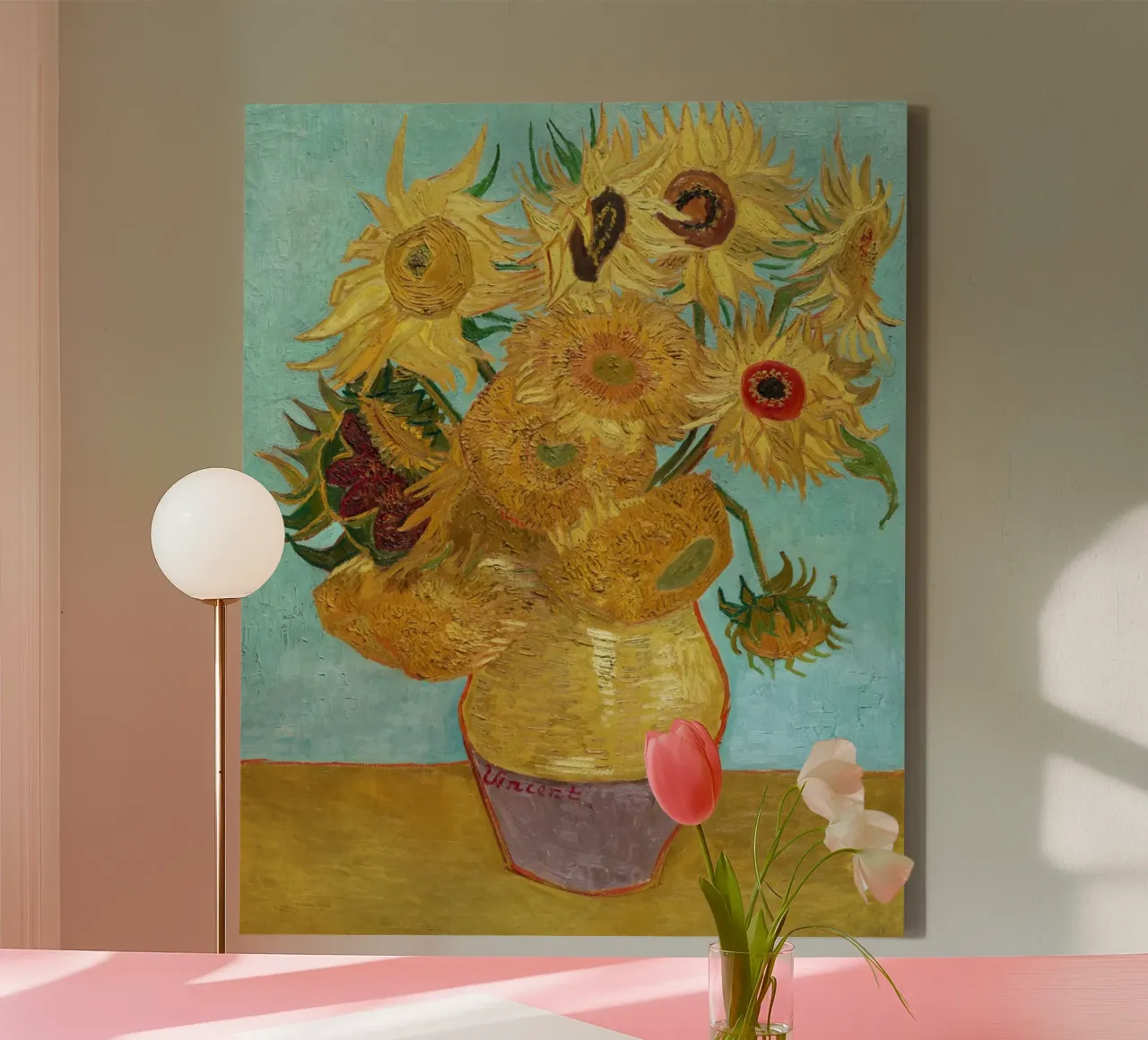 Vaas met twaalf zonnebloemen van Van Gogh canvas met Baklijst van Van Gogh Prints