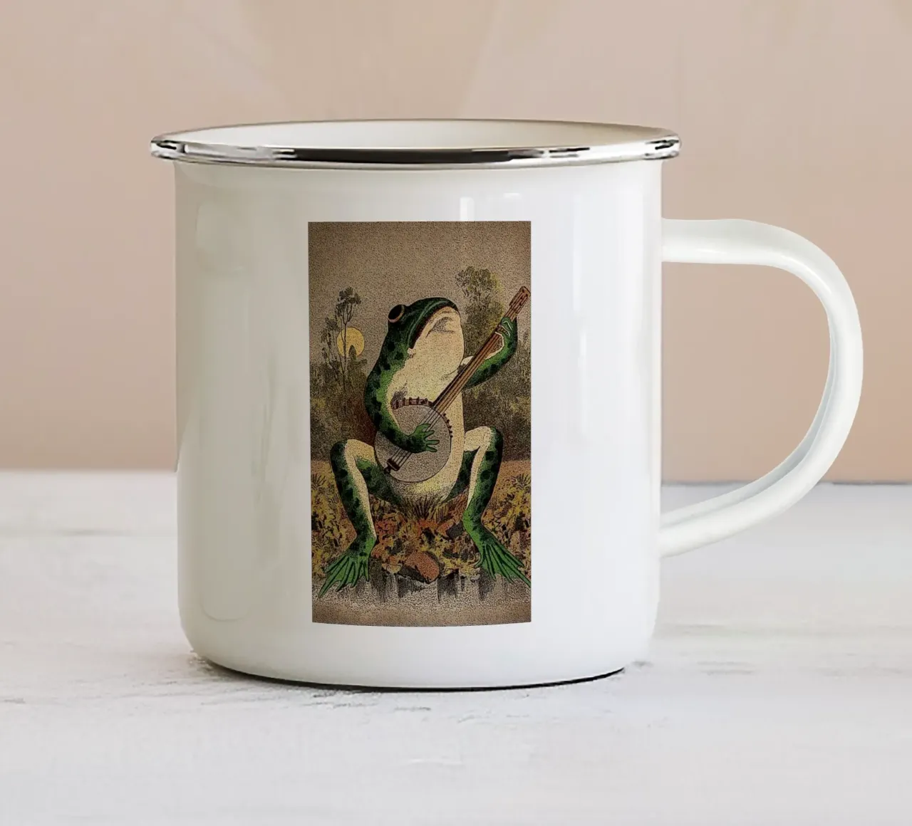A Frog Playing Banjo in The Moonlight tazza in smalto da avissta