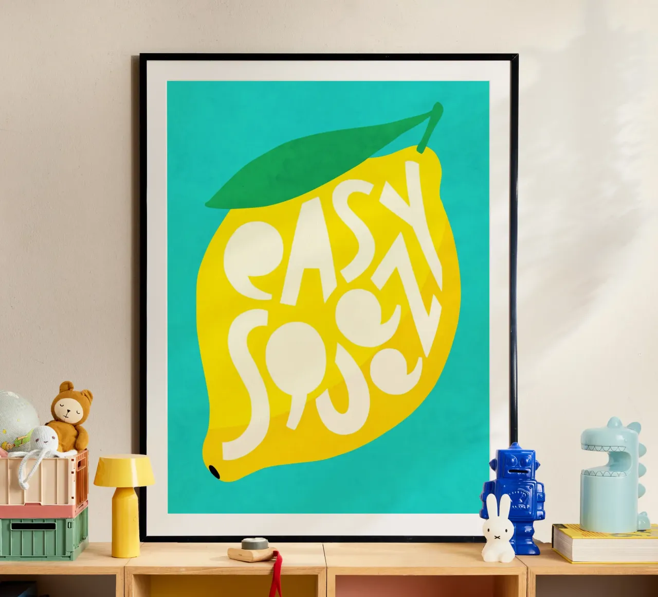 Easy Squeezy Lemon - Typographie audacieuse fruits jaune sarcelle bleu hahnemühle de Dominique Vari Words