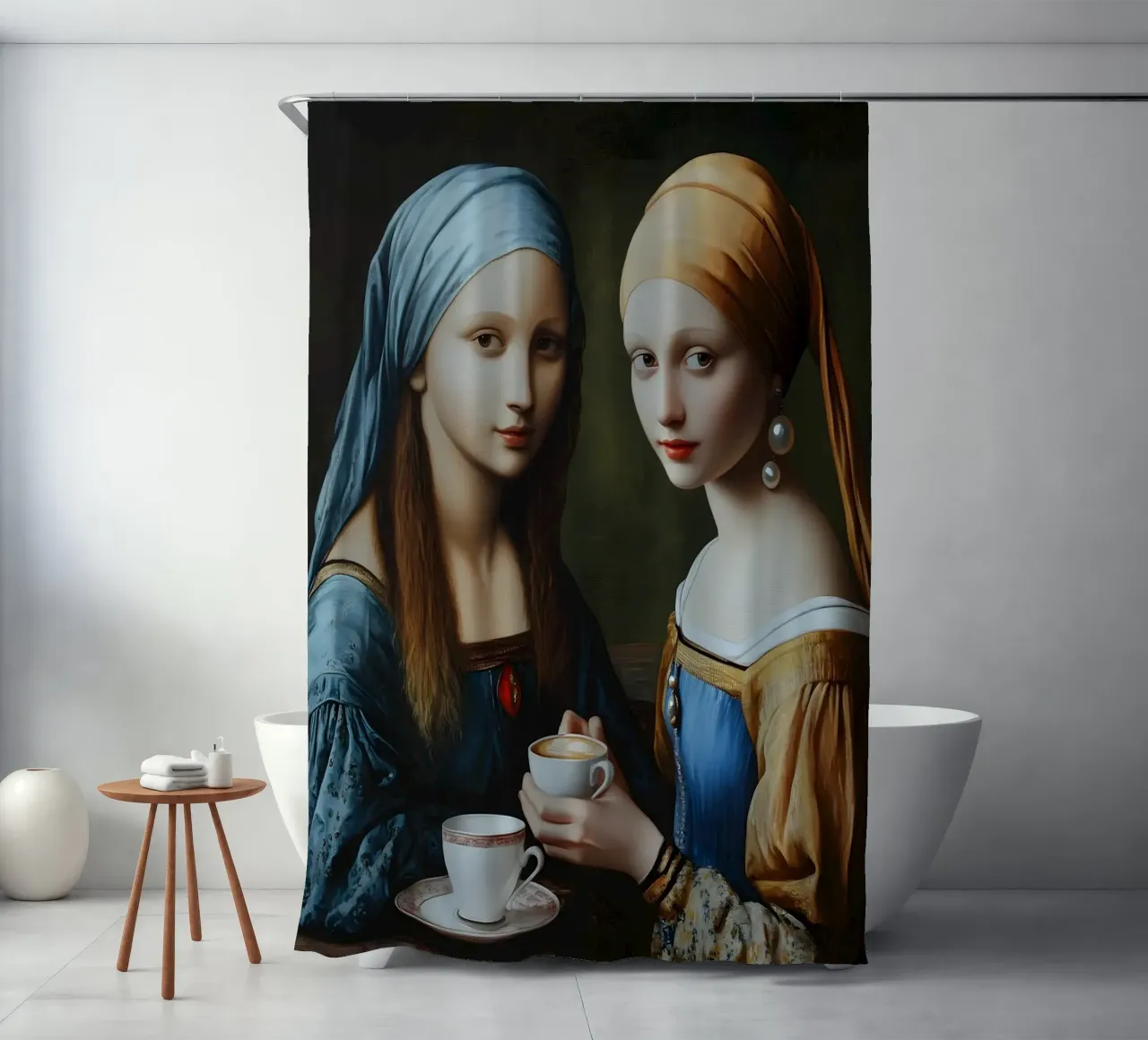 Renaissance coffee break for two icons shower curtain by M-Ulrich-Digital Art