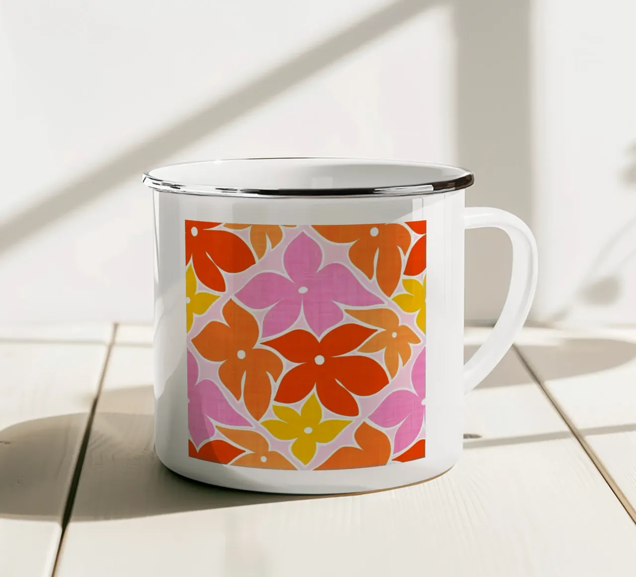 Boho Floral Block Print Trellis Pattern - Orange, Red, Pink enamel mug by Dominique Vari