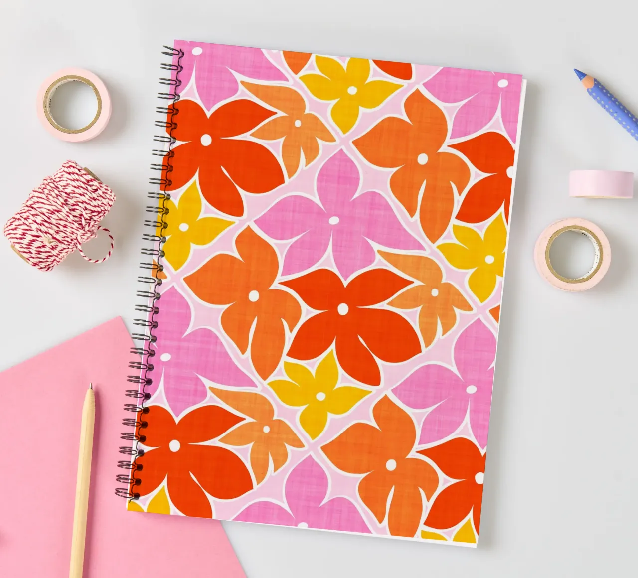 Boho Floral Block Print Trellis Pattern - Orange, Red, Pink spiral notebook by Dominique Vari