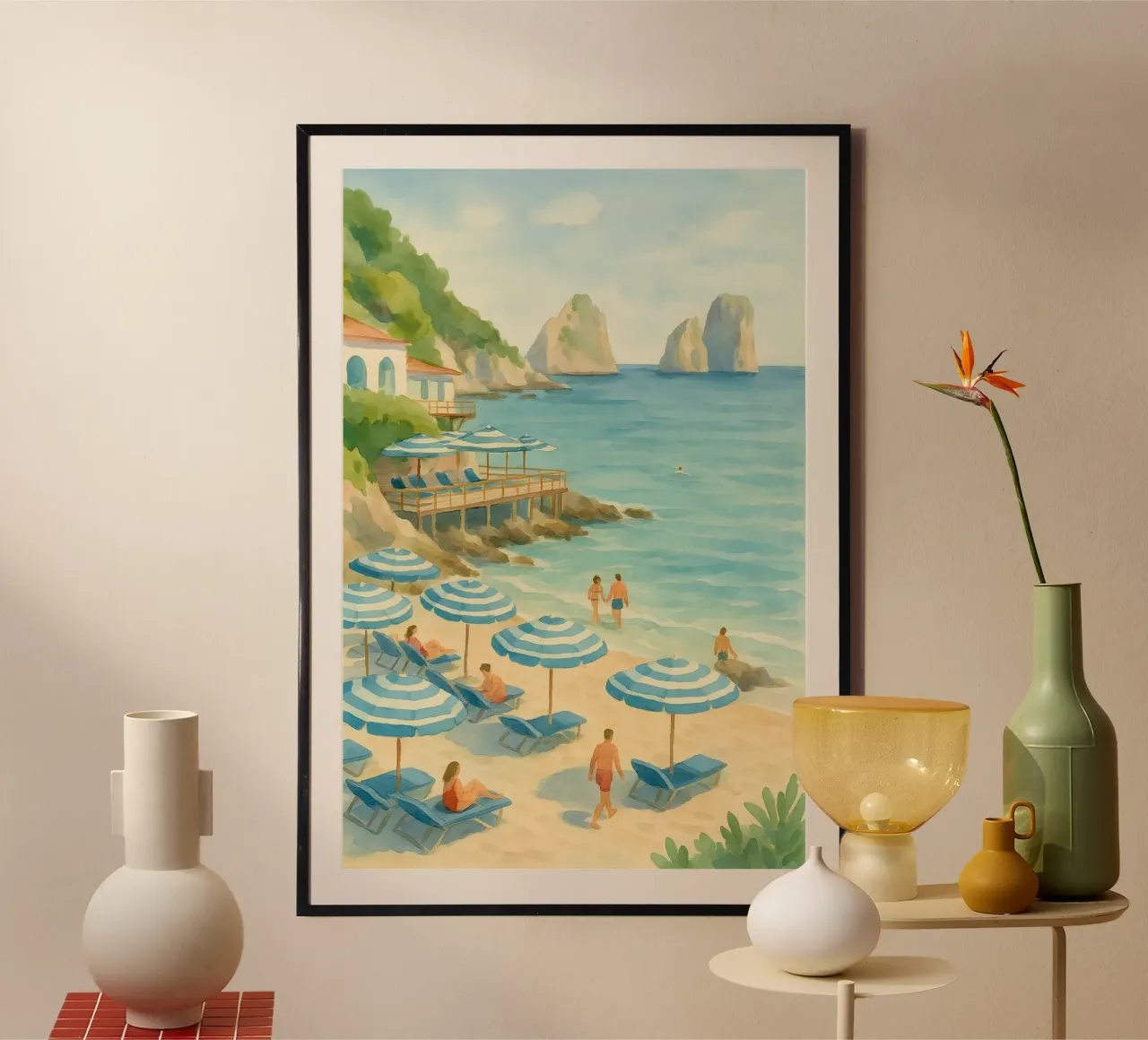 Lido Azzurro – Sommer in Capri poster con telaio in legno da Grande Bellezza