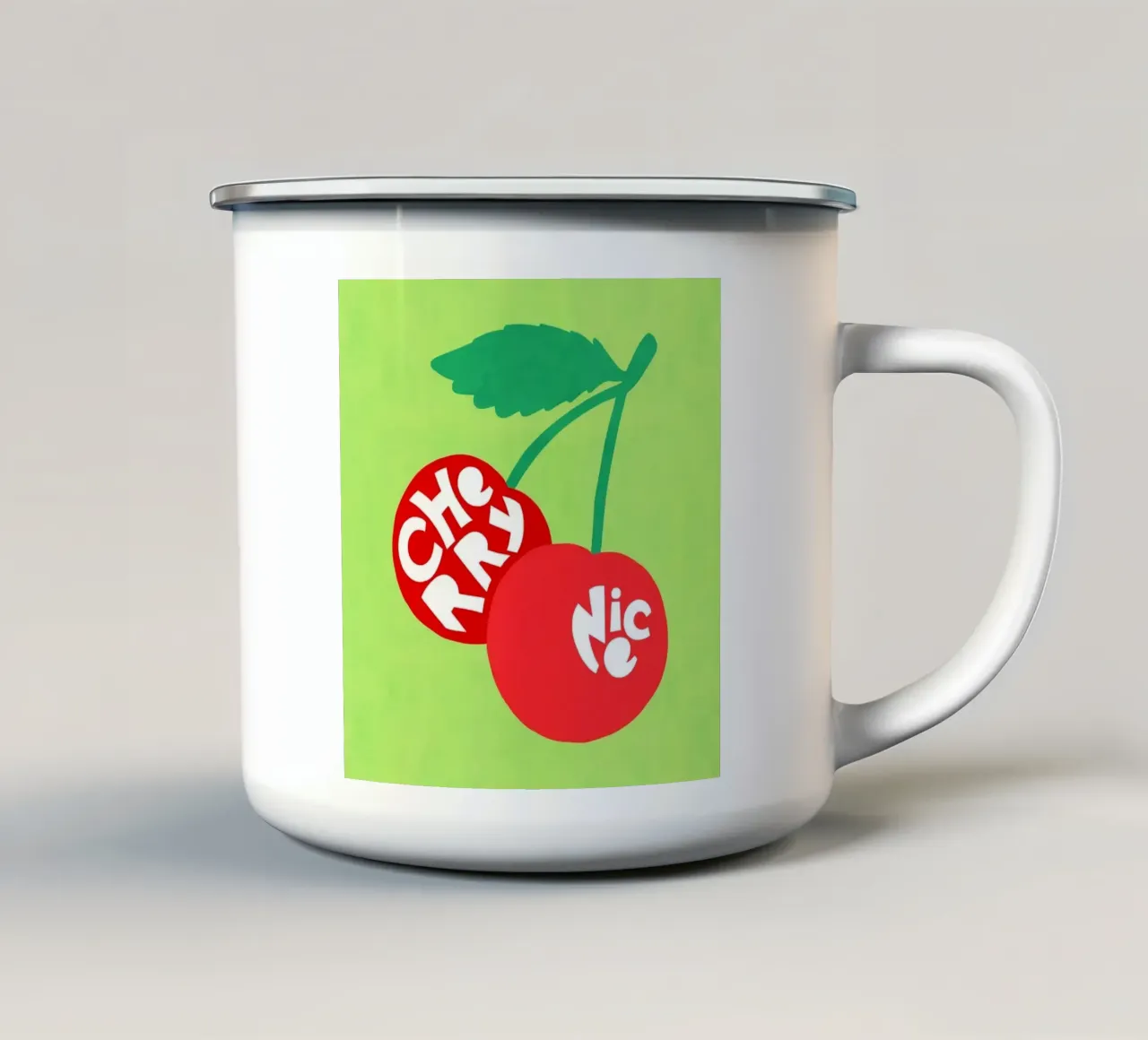 Cherry Nice - Coppia di ciliegi tipografici in rosso e verde tazza in smalto da Dominique Vari Words