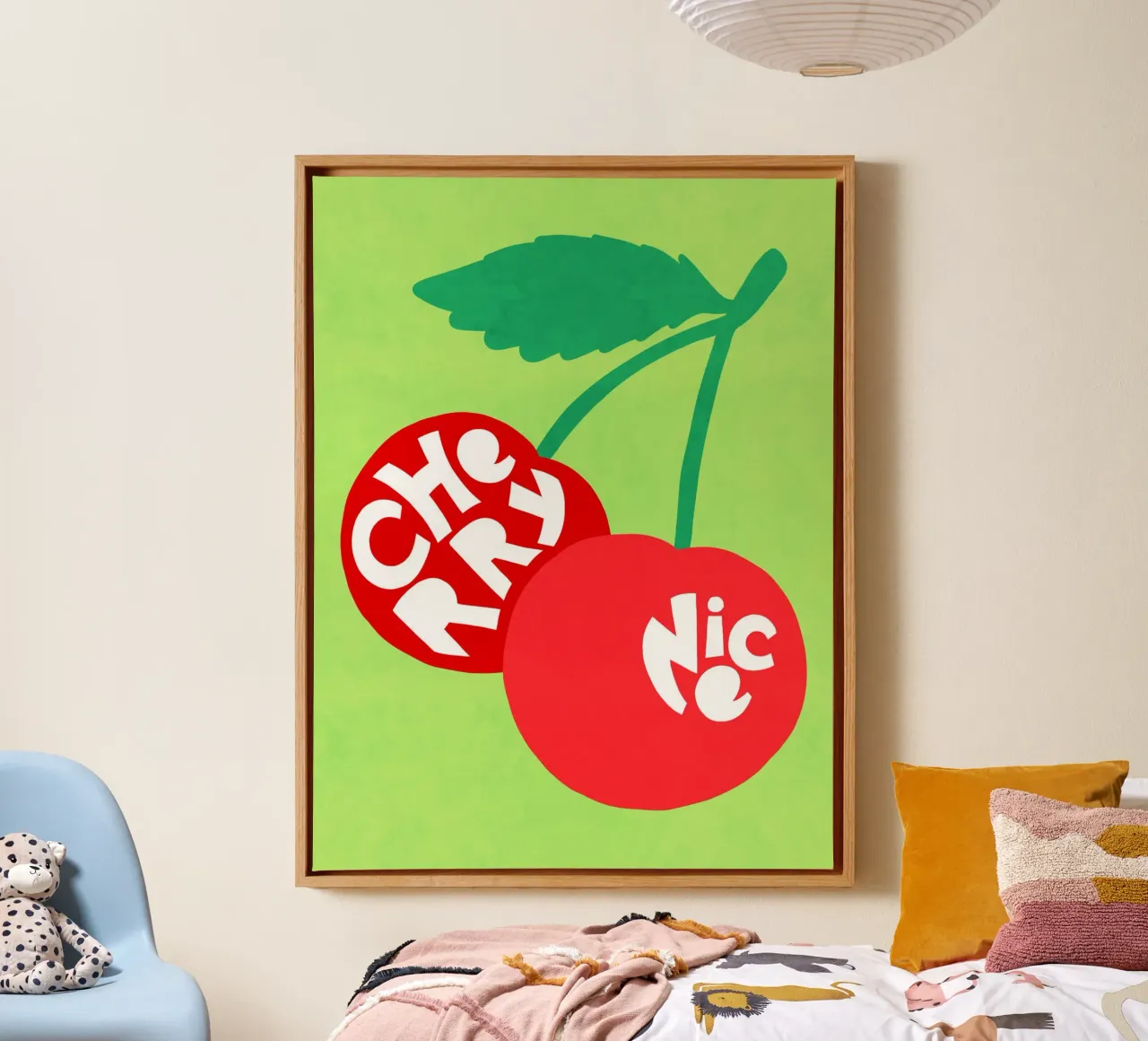 Cherry Nice - Coppia di ciliegi tipografici in rosso e verde tela con Cornice a cassetta da Dominique Vari Words