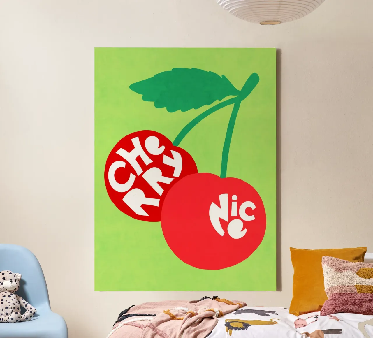 Cherry Nice - Coppia di ciliegi tipografici in rosso e verde tela con Cornice a cassetta da Dominique Vari Words